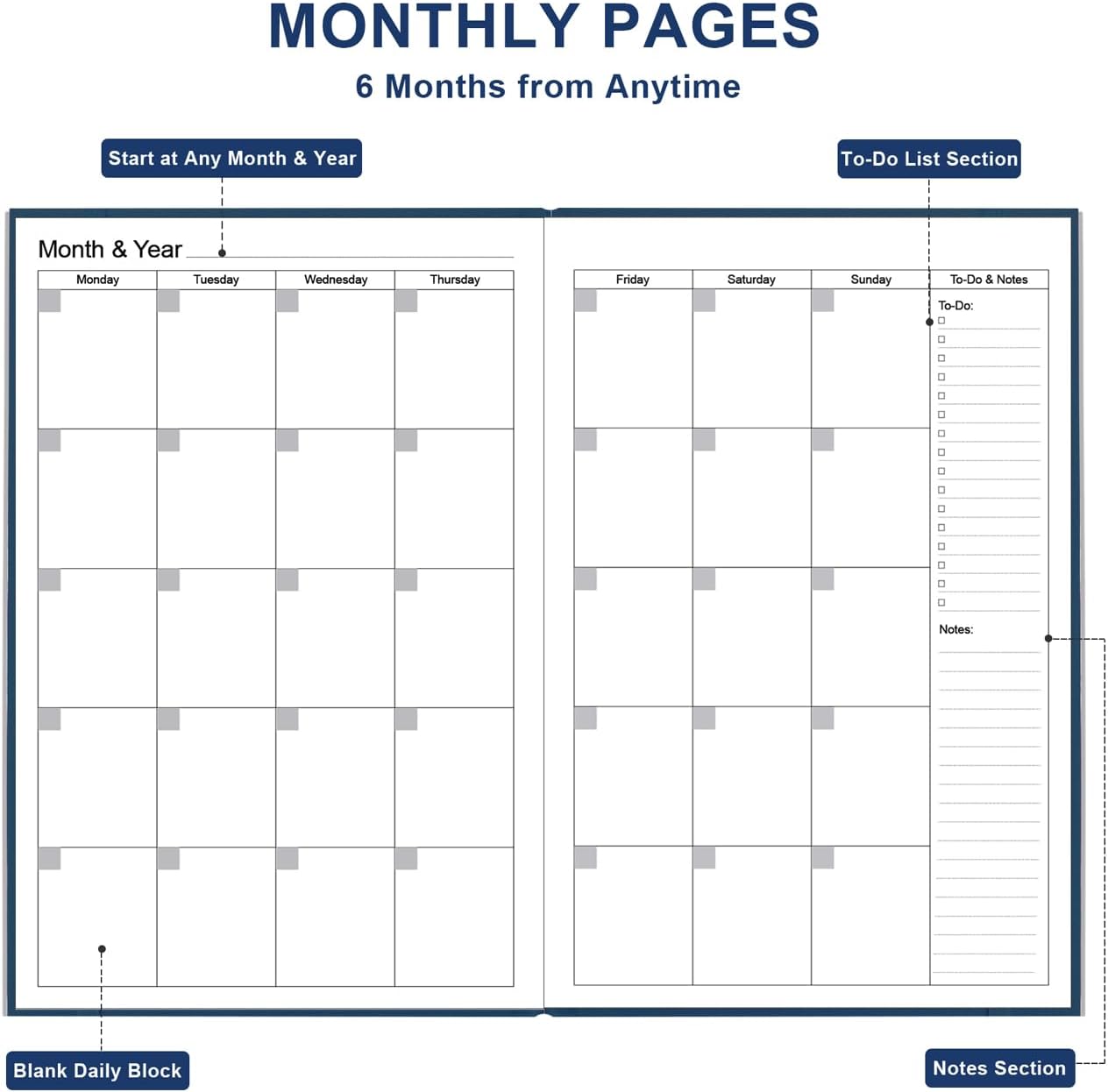 Daily & Monthly Planner for 2025 2026 or Anytime - ADHD Planner Two Pages Per Day, Daily Planner Undated to Increase Focus, Eliminate Overwhelm, Achieve Your Biggest Goals, 5.8'' × 8.3'', Blue