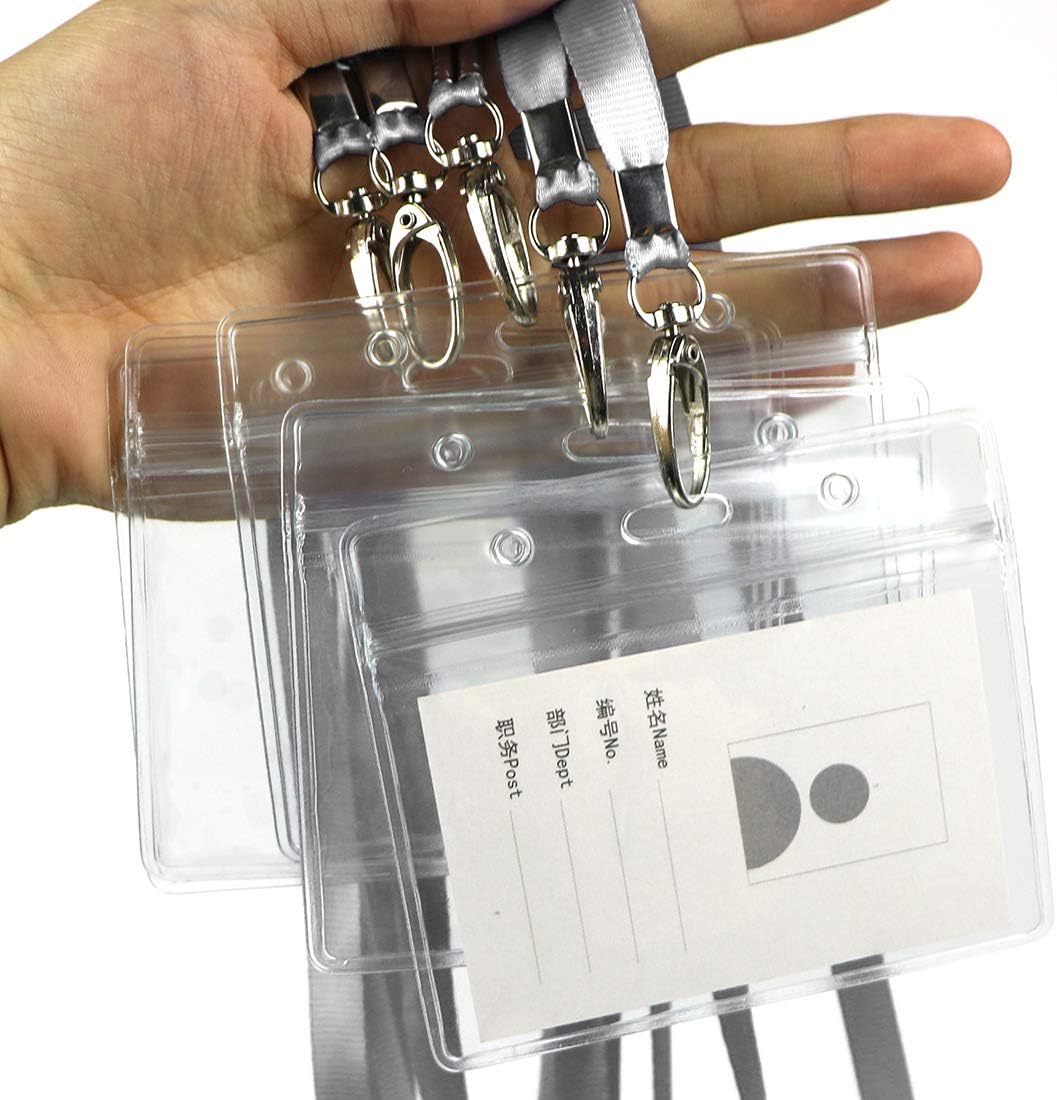 Lanyard with ID Holder 50 Pcs Waterproof Name Tag Badge ID Card Holders ID Pass Holder and 50 Pcs Flat Neck Lanyards Swivel Hook (Gray, Horizontal)