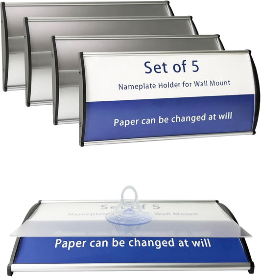 Set of 5 Curved Name Plate Holder 8" x 4" Wall Mount Office Business Door Sign Holder Aluminum Sturdy Office Sign Frame with Adhesive Tape Film for Business Cubicle Custom Display - Silver