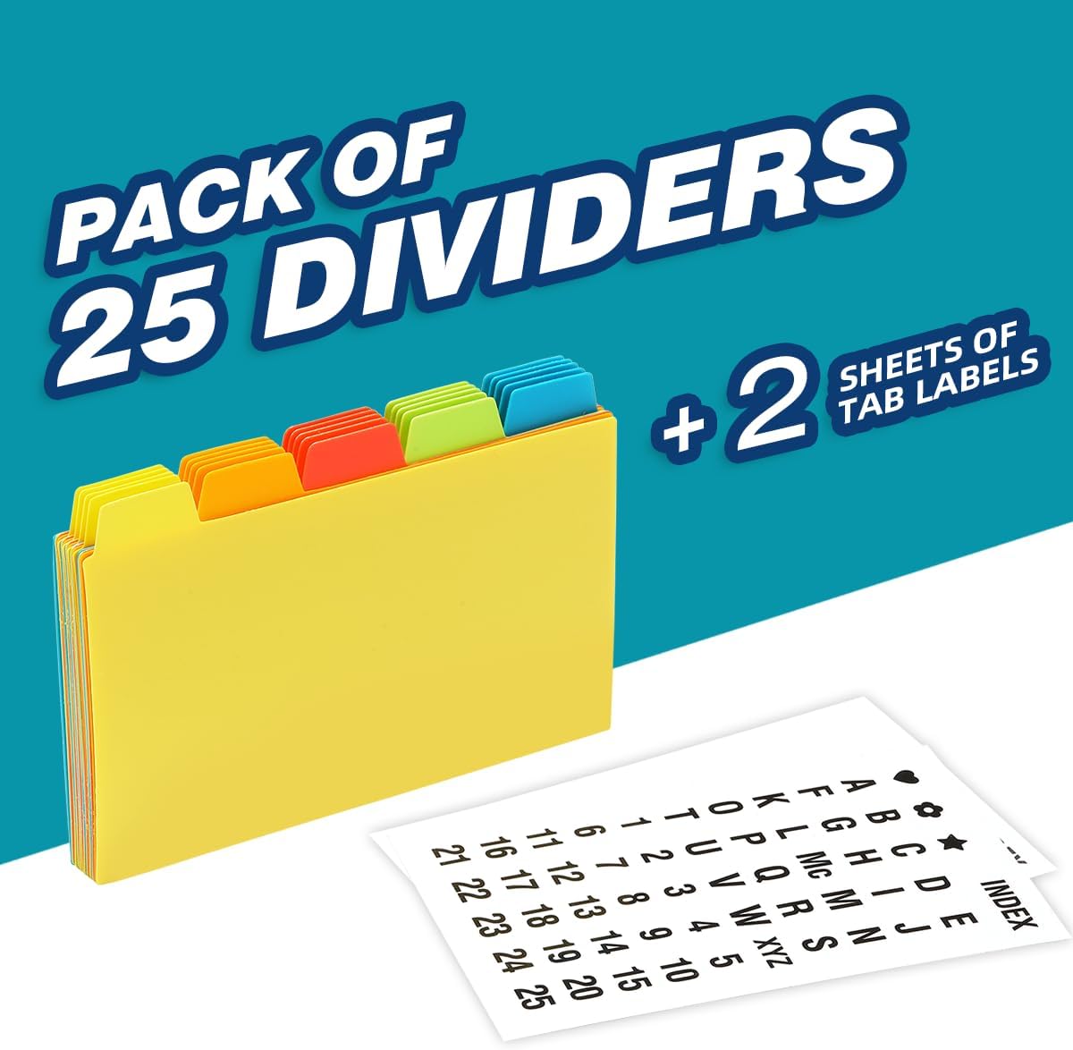 Chell 4x6 Plastic Index Card Dividers, Heavyweight Poly Index Card Guides A-Z for Flash Cards and Recipe Cards, with Alphabetical/Blank Stickers, Pack of 25