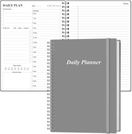 Daily Planner Undated - B5 To Do List Notebook Hourly Schedules, Spiral Appointment Planner for Women and Men, PVC Hardcover, Inner Pocket, Elastic Closure, 7" x 10", Grey