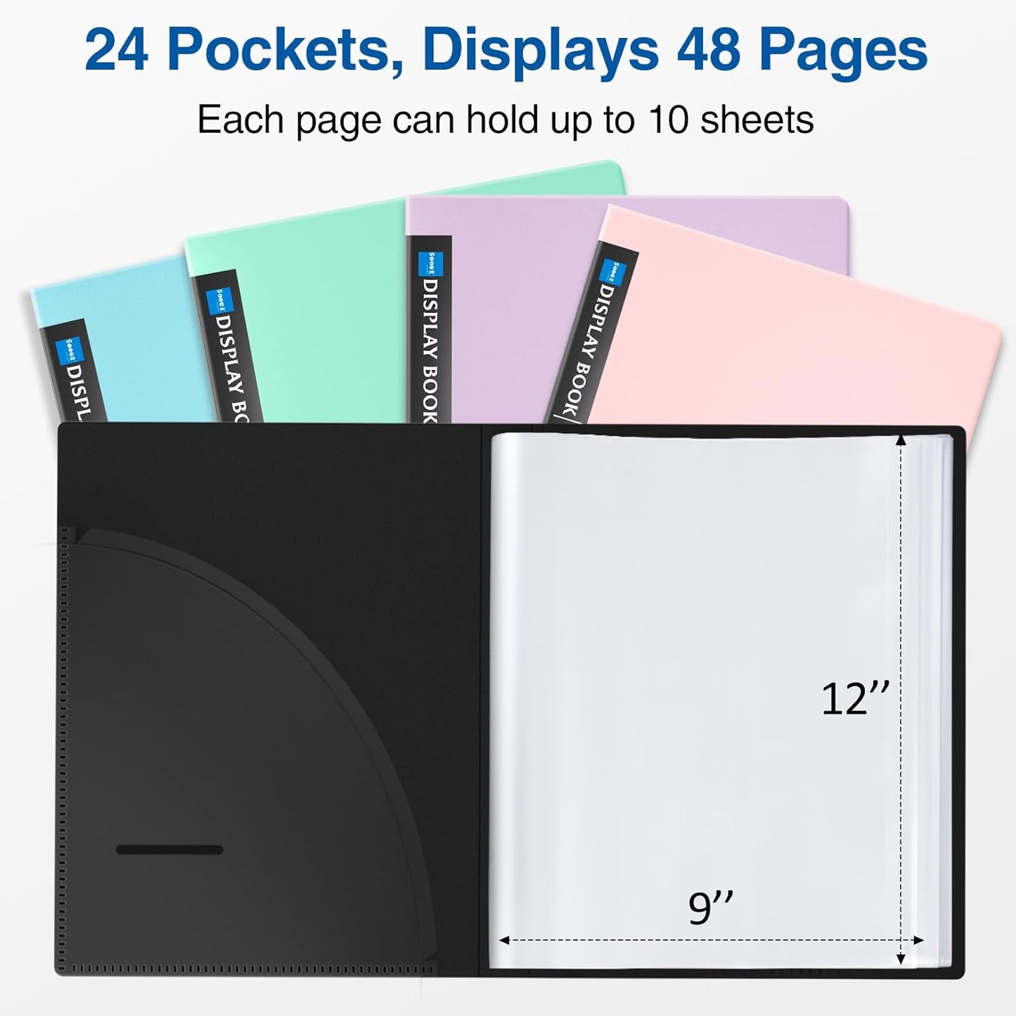 Sooez Art Portfolio 9x12, 24 Pockets with 24 Black Paper, Binder with Plastic Sleeves, Display 48 Pages, Presentation Book for Artwork, Folders Binder for Office School