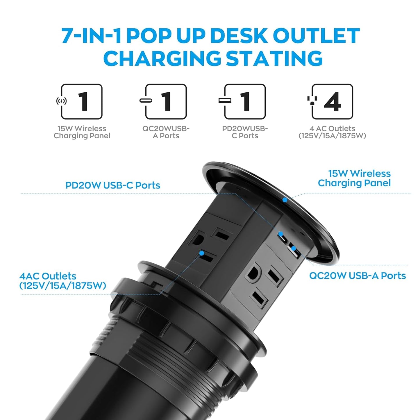 Pop Up Countertop Outlet with 15W Wireless Charger,Pop up Outlet,Max 20W USB Power Delivery,3.9" Space Saver Recessed Outlet,Pop Up Electrical Outlet with 4 Outlets 2 USB Ports for Home Office