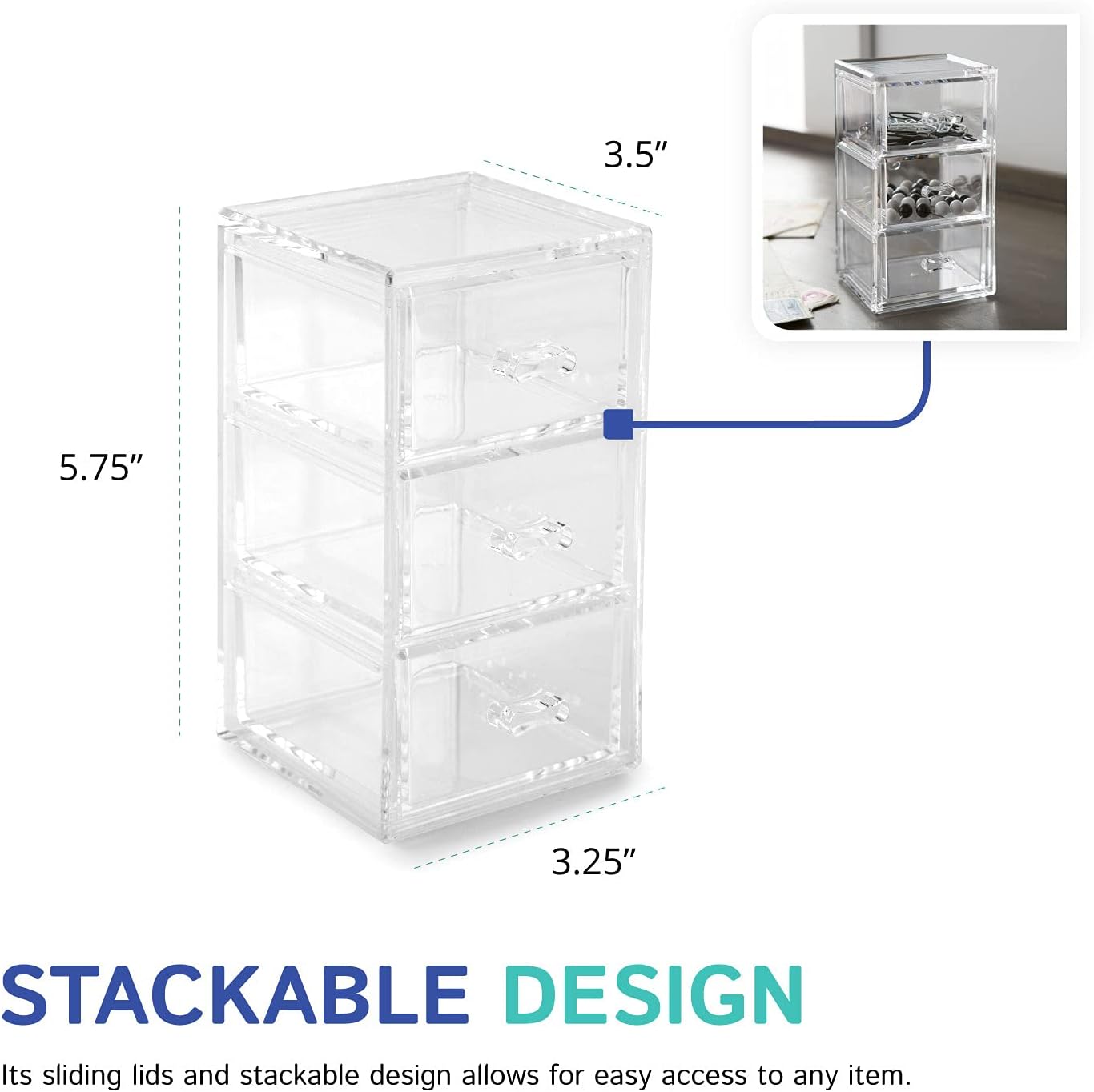 Huang Acrylic Clear Stackable Upright 3-Drawer Organizer, Makeup Jewelry Accessories Cosmetic Countertop Storage Display 3.5 x 3.25 x 5.75 inches