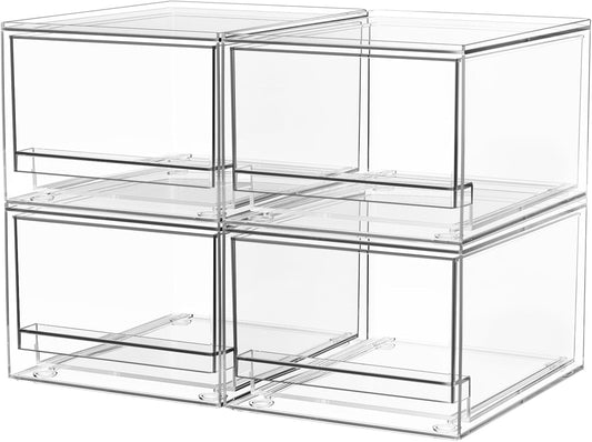 A-LuGei 【𝟰𝗣𝗖𝗦】 Acrylic Stackable Drawers, 7.5" L Makeup Organizer, Bathroom Organizer and Storage, Plastic Storage Bins for Kitchen Cabinet Pantry Medicine Fridge