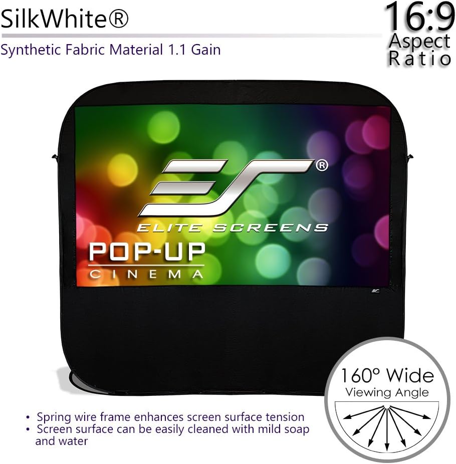 Elite Screens, Pop-Up Cinema 92-inch 16:9, SilkWhite 1.1 Gain, Portable Outdoor, Fast Folding Projector Screen, US Based Company 2-Year Warranty