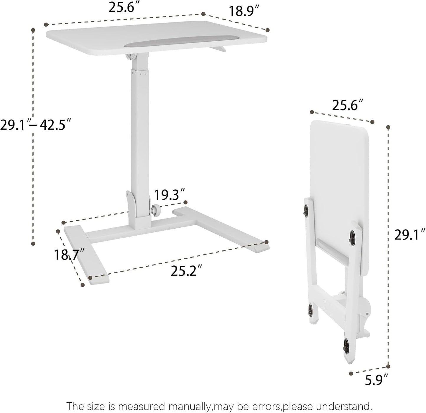 PUNCIA Adjustable Height Small Standing Desk Foldable Laptop Table with Stoppers - 90° Tiltable Rolling Computer Cart Portable Workstation Mobile Desk for Home Office Small Space Bedroom Dorm Study