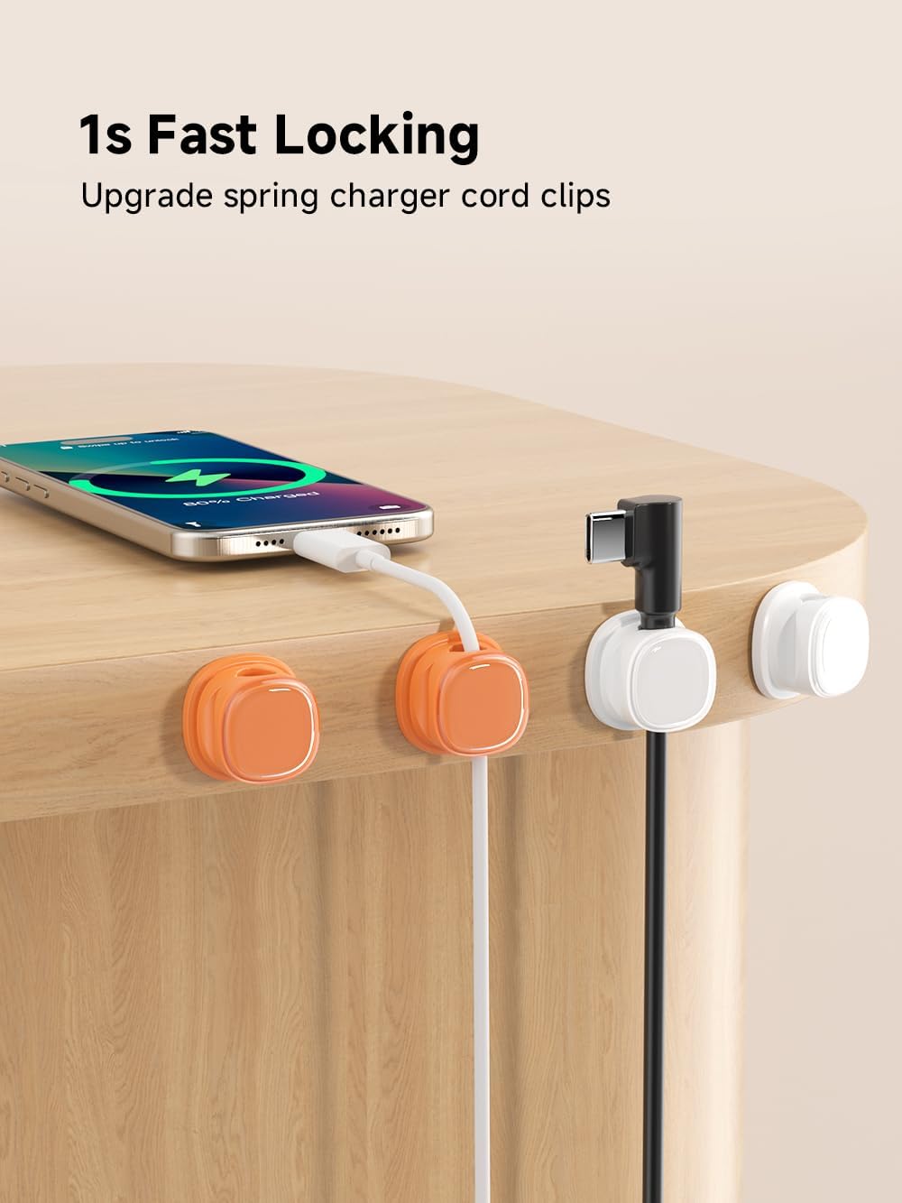 9 Pack Cord Organizer, Spring Cable Management, Adhesive Cute Cable Holder Clips, Phone Charger Wire Keeper for Desk Nightstand Car Office (9-Pack White_Orange)