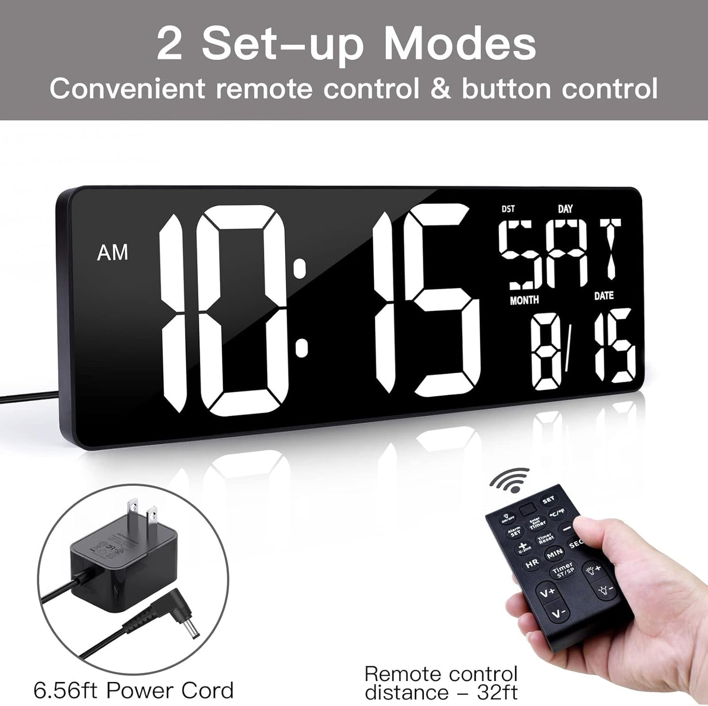 XREXS Large Digital Wall Clock with Remote Control, 17.2 Inch LED Large Display Count Up & Down Timer, Adjustable Brightness Plug-in Alarm Clock with Day/Date/Temperature for Living Room, Office, Gym