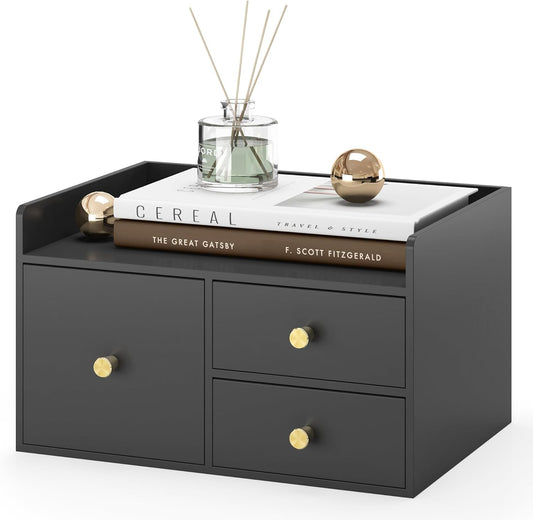 Bamboo Desk Organizer - Stackable, No Assembly Required, Ideal for Office/Home Use - Perfect for Toiletries, Stationery, Accessories. (Black, Square drawer to the left of the fence)