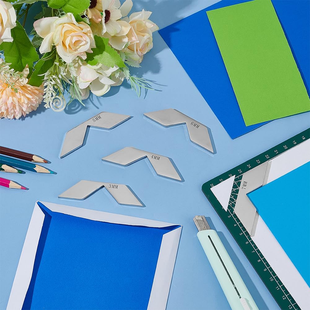 BENECREAT 5 Pcs 201 Stainless Steel Corner Miter Tool, 3/4/5/6/7mm Book Binding Corner Cutting Tool, Bookbinding Corner Cutting Jig Set, Bookbinding kit for Album Making, Bookbinding