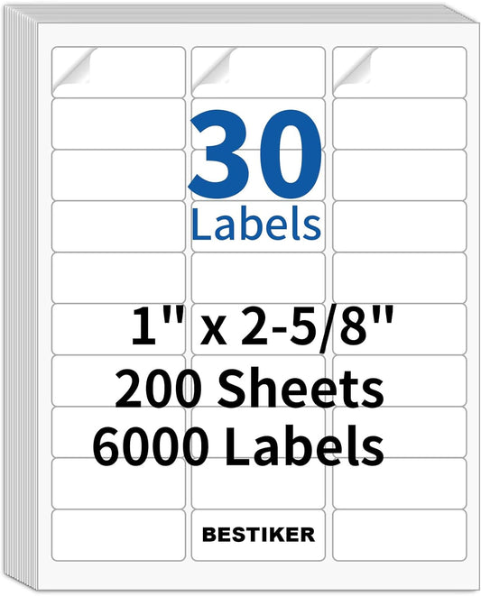 [200 Sheets 6000 Labels] BESTIKER Address Labels 1” x 2-5/8” Shipping Mailing Labels 30 per Page Printable FBA Barcode Label, Laser & Inkjet Printer Labels 30up White