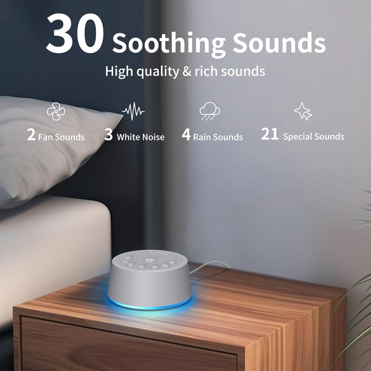 SoundLegend Sleep White Noise Sound Machines 32-Level Volume 30 Sounds 12 Colors Light 5 Timers Adjustable Light Brightness Compact for Everyone Travel Gift Memory Function