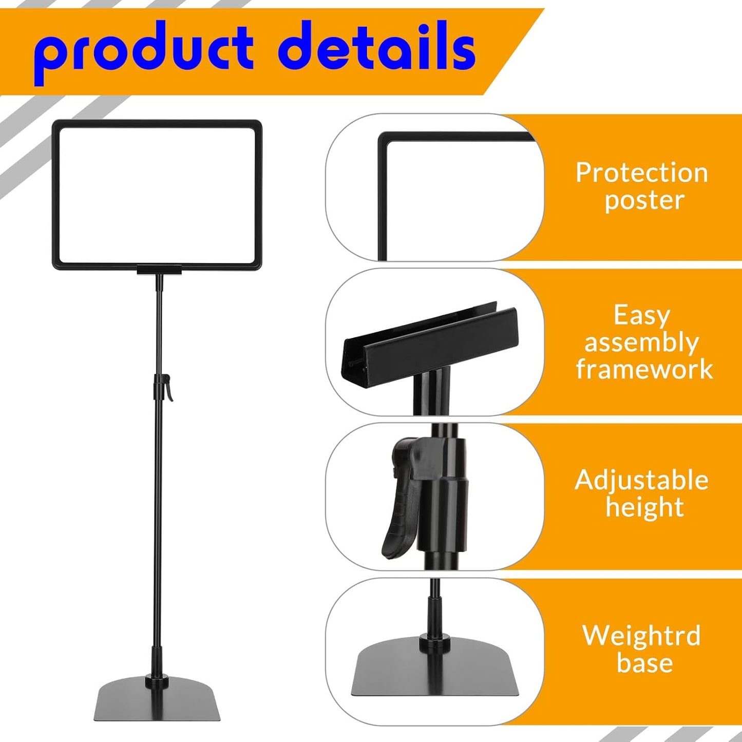 Hicarer 8 Pack Adjustable Sign Poster Stand Holder 8.5 x 11 in Floor Standing Display Sign Holder Heavy Duty Aluminum Pedestal Vertical Horizontal Stand for Vendor Advertising Business Menu Black