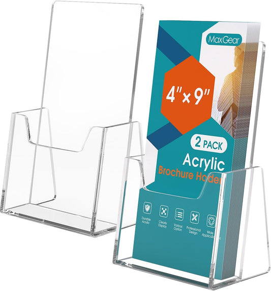 MaxGear Brochure Holder 2 Pack, 4 Inches Wide Acrylic Display Stand Clear Pamphlet Holder Flyer Holder Rack Card Holder Countertop/Desk Organizer for Trifold, Booklet, Literature, Magazine