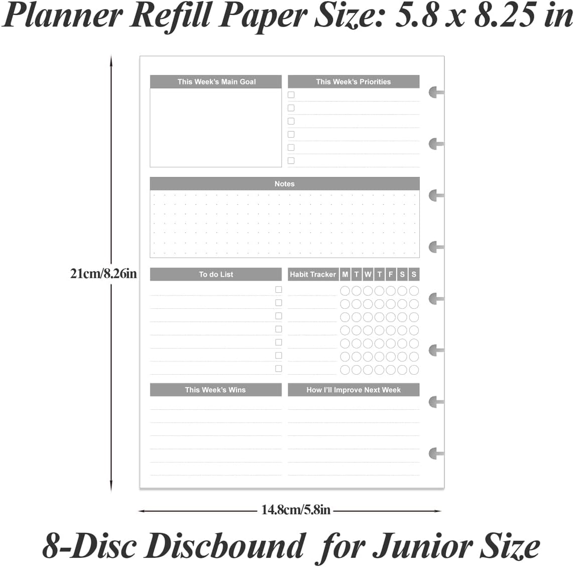 (2-Pack) Weekly Planner Undated Refills - Junior Size 106 Sheets/212 Pages Weekly Planner for 8-Disc Discbound, 100 gsm White Paper, Lasts 1 Year, Undated, 5.8" x 8.3", Black