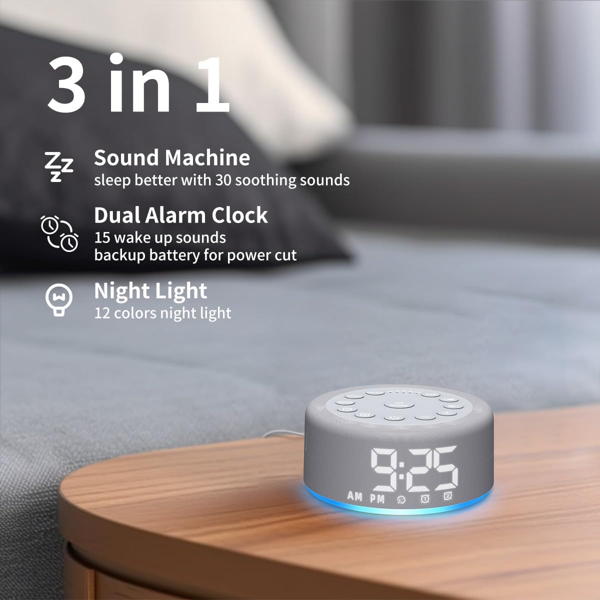 Sound Machine Alarm Clock White Noise Brown Noise Machine Night Light with Dual Alarms Backup Battery 30 Sleeping Sounds for Baby Kids Adults 32 Level Volume 5 Timers 15 Wake Up Sounds Memory Function