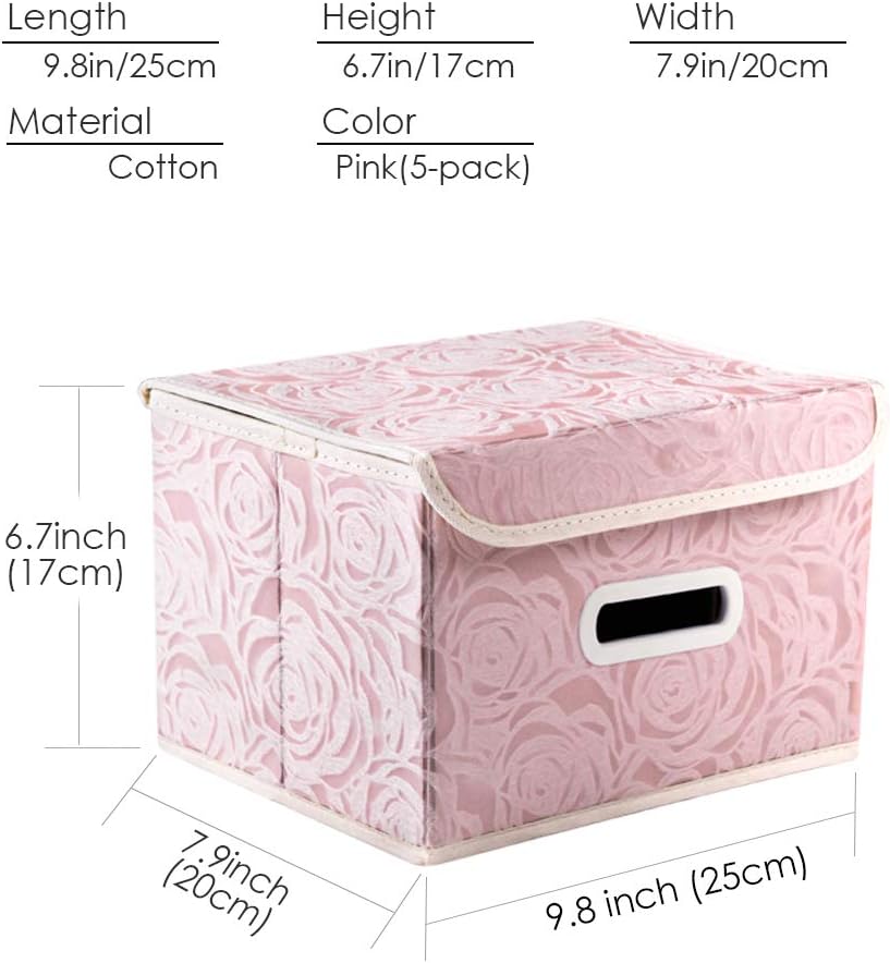 PRANDOM Foldable Storage Boxes with Lids [5-Pack] Fabric Decorative Storage Bins Cubes Organizer Containers Baskets with Cover Handles Divider for Bedroom Closet Living Room Pink 9.8x7.9x6.7 Inch