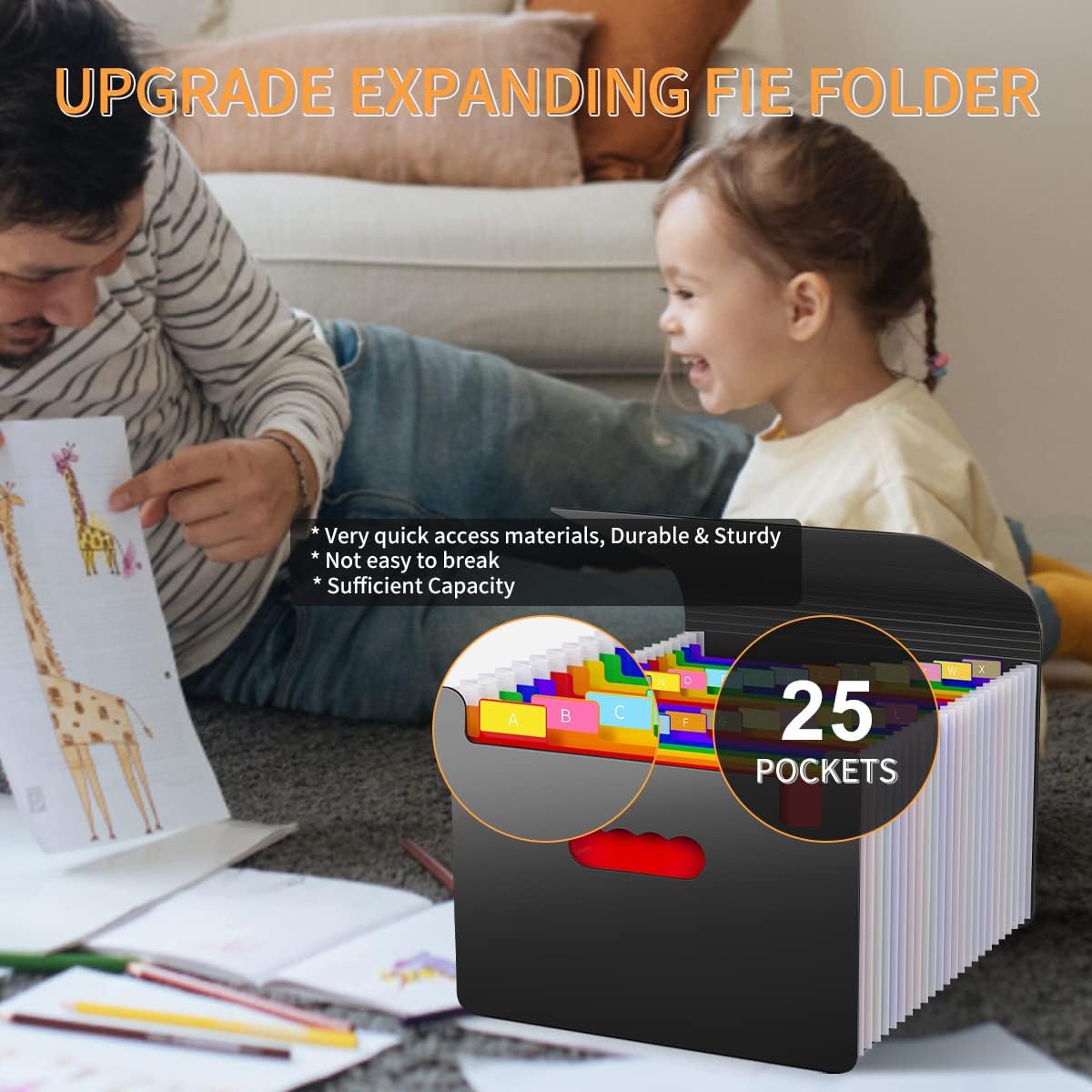 25 Pockets Accordion File Organizer Expanding File Folders with Handle,Fun Storage Portable Filing Box for Paperwork Documents Paper,A4/Letter Size