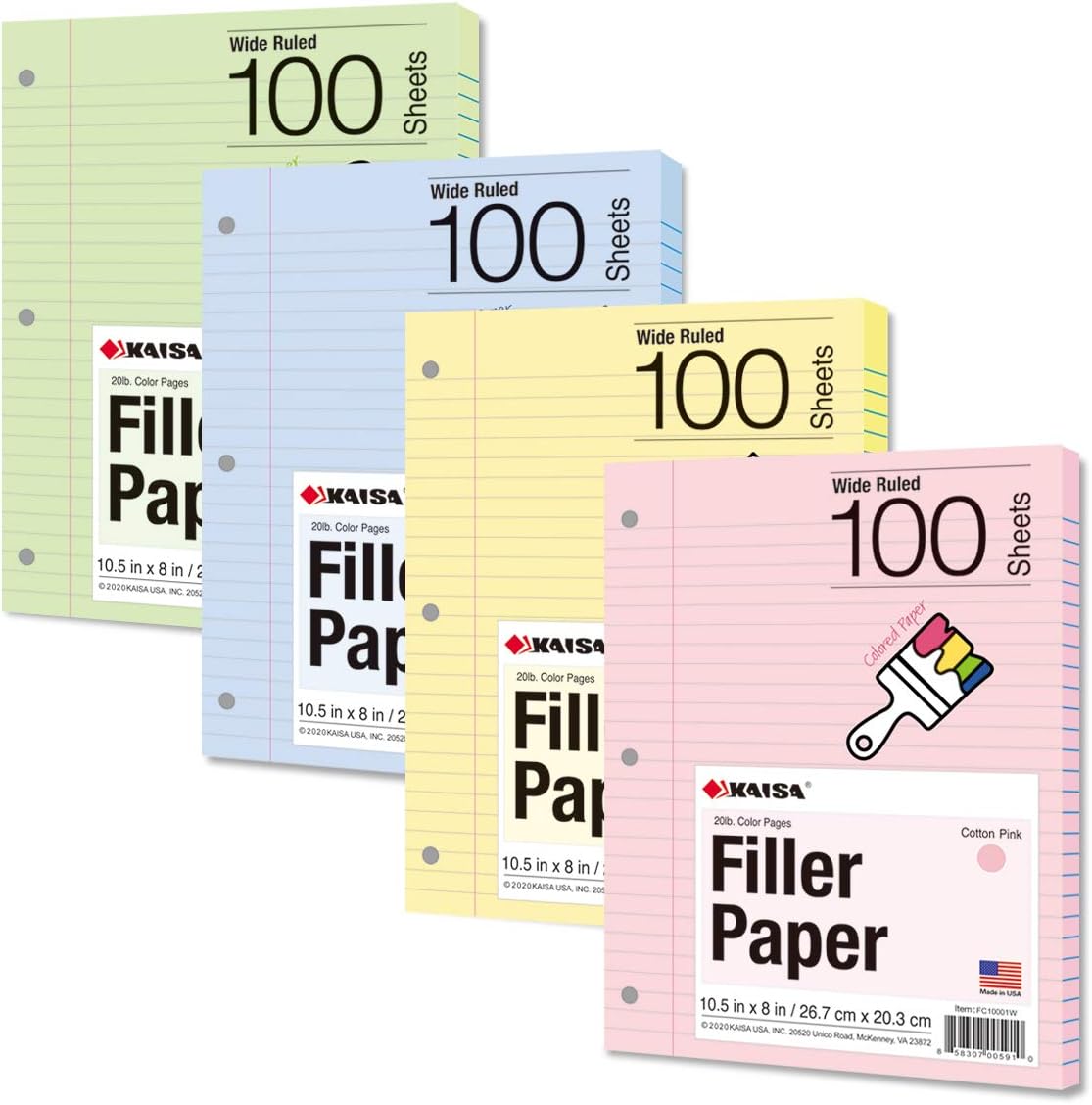 Kaisa Filler Paper Colored loose Leaf Paper, Wide Ruled 8x10.5in Colored Paper, 3-Hole Punched for 3-Ring Binders,100Sheets/pack 4Packs, FC10001W
