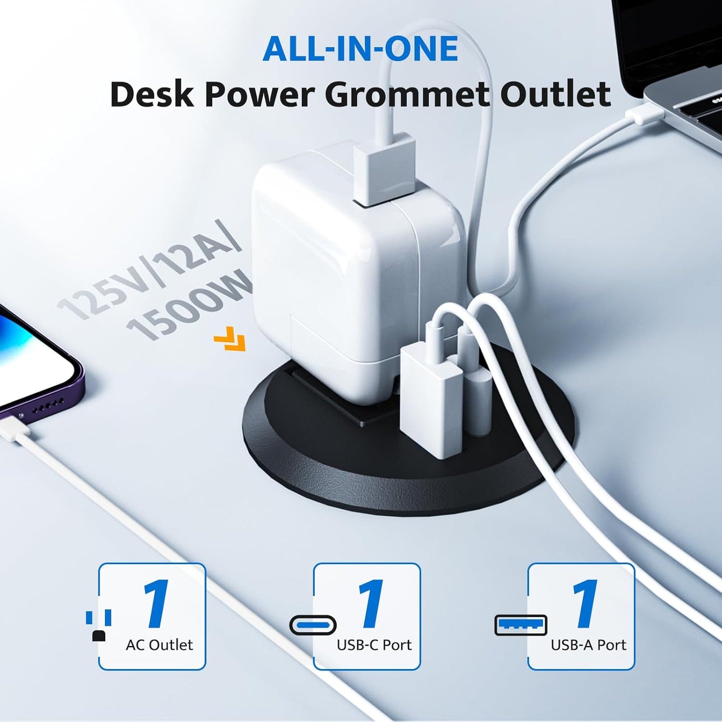 Recessed Power Grommet with 20W USB C Fast Charging, 2 inch Conference Recessed Outlet,Flush Mount for Desk,Office Tables,Furniture,6FT Cord, 45° Thin Flat Plug (Black, Grommet Outlet)