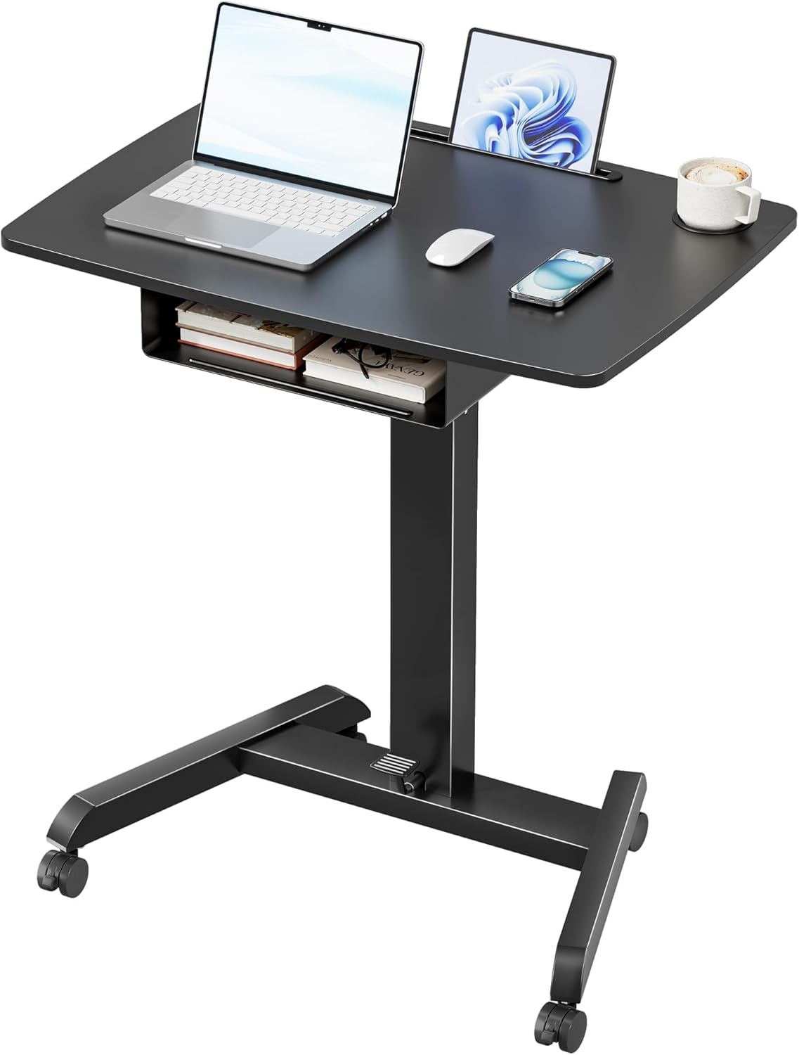 Standing Rolling Desk- 31.5' X 22' Extend Sanding Desk for Classroom, Height Adjsutable up to 44.3' Mobile Laptop Table with Wheels, Moveable Laptop Cart, Teacher Podium with Drawer, Black