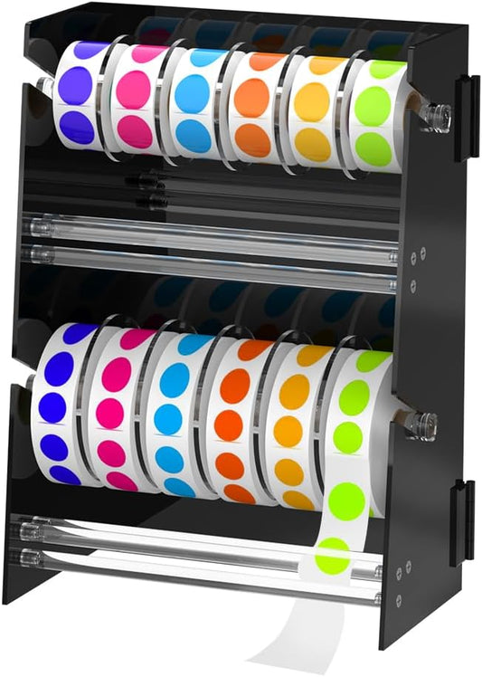 Acrylic Sticker Roll Dispenser Holder - Double-Layer Disks Adjustable Label Dispenser for Rolls of Sticker Labels Suitable for Office School Home - Sticker Roll Holder Organizer