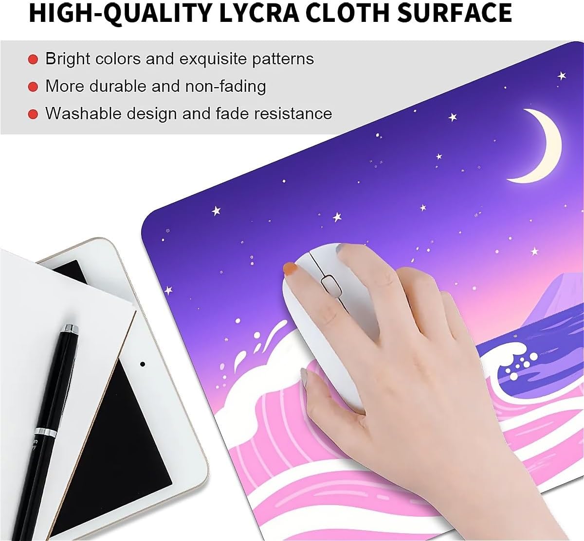 Square Mouse Pad Pink and Purple Waves, Personalized Premium-Textured Custom Mouse Mat Design, Washable Mousepad Cloth, Non-Slip Rubber Base Computer Mouse Pads Moon for Wireless Mouse