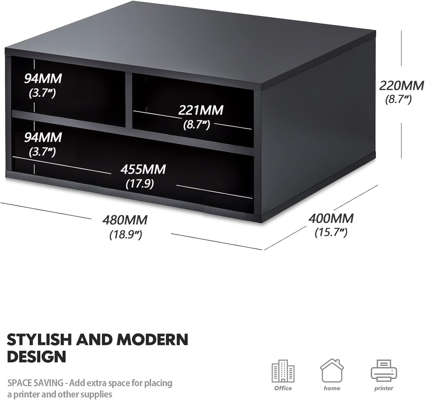 FITUEYES Large Printer Stands with 3 Storage Compartments, Desktop Paper Organizer Shelf for Home Office, 2-Tier Printer Riser, Black, 18.9" L x 15.7" W x 8.7" H