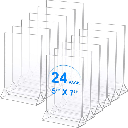 Yulejo 24 Pack Acrylic Sign Holder, Plastic Clear Table Display Holder Double Sided Menu Display Stands T Shaped Card Picture Frames for Office, Weddings, Meetings, Hotels (5 x 7 Inches)