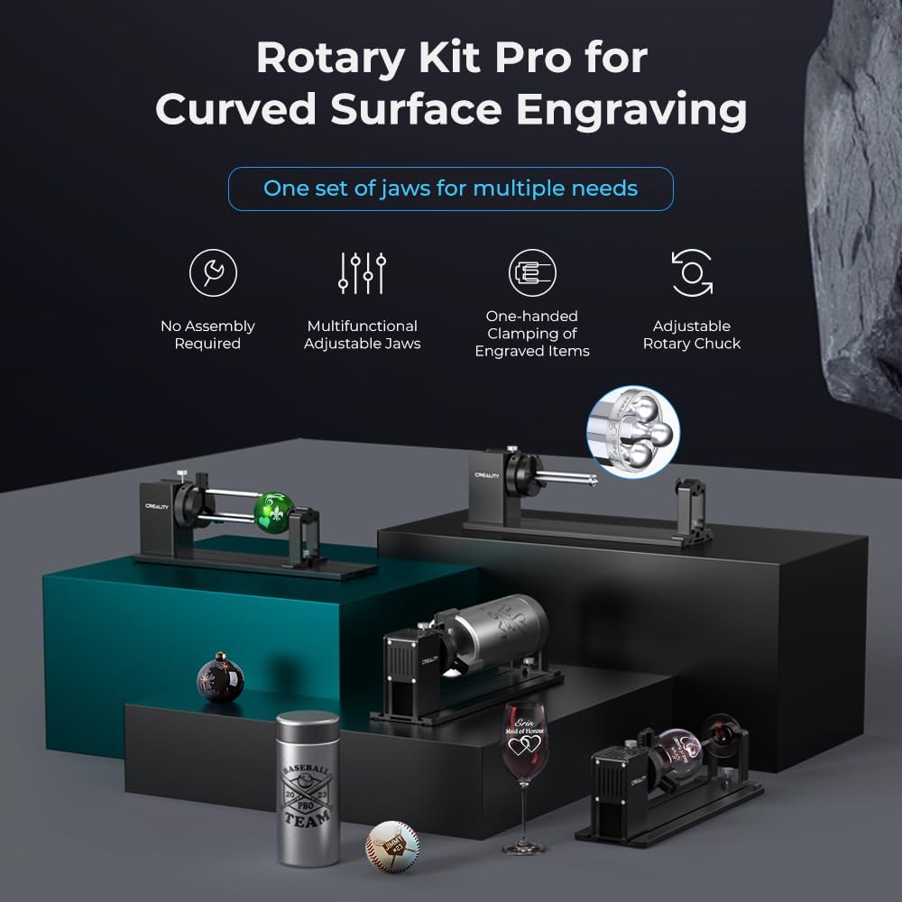 Creality Rotary Kit Pro, Laser Rotary Roller 3 in 1 Multi-Function Engraving Accessories for Laser Engraver, Jaw Chuck Rotary for Engraving Wine Glass, Baseball Bat, Ring and Most Cylindrical Objects