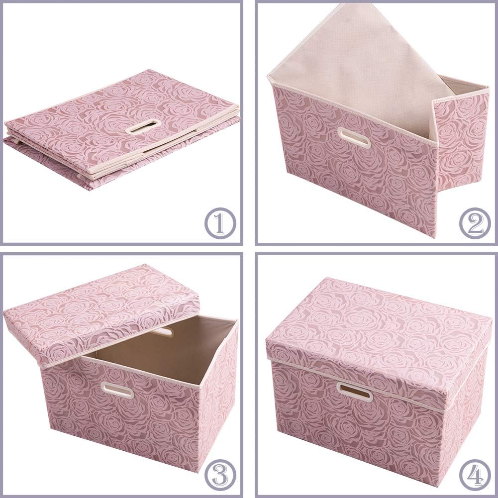 PRANDOM Large Foldable Storage Boxes with Lids [5-Pack] Fabric Decorative Storage Bin Cubes Organizer Containers Baskets with Cover Handles for Bedroom Closet Nursery Pink 17.7x11.8x11.8 Inch