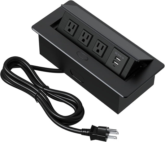 KYHSHJ Connection Box Desktop Pop Up Outlet with 2 USB Ports & 3 Outlets(Black)