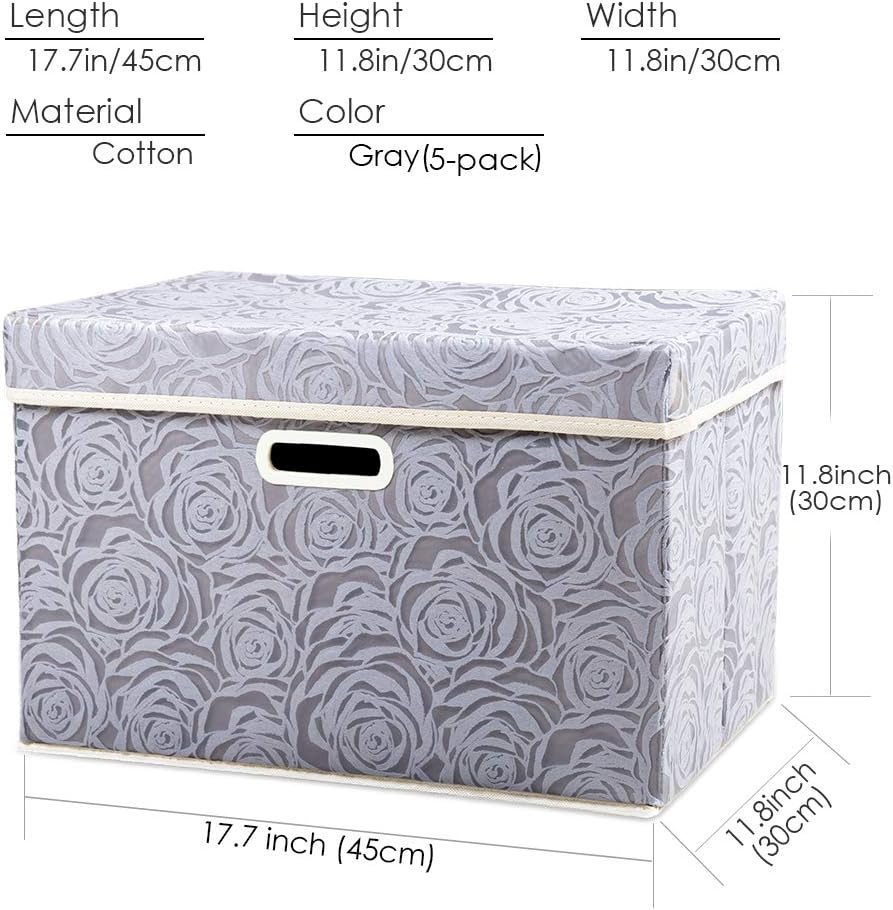 PRANDOM Large Storage Boxes with Lids [5-Pack] Fabric Decorative Storage Bins Cubes Organizer Containers Baskets with Handles for Closet Grey 17.5x11.8x11.8 In For 6+ Year Old Boys and Girls