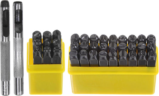 HARFINGTON 36pcs Metal Stamping Kit 1/4" (6mm) (A-Z, 0-8, "&" Symbol) Steel Letter Punch Press Tool with Hole Punch to Stamp on Metal, Plastic, Wood, Leather, Black