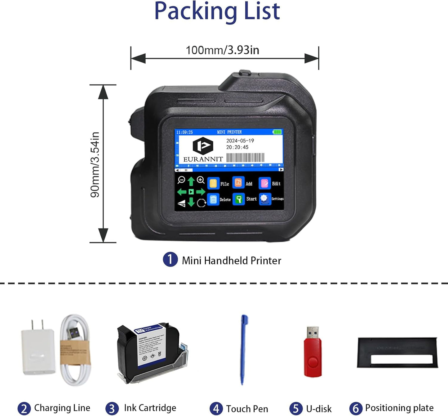 Mini Handheld Inkjet Printer, 0.5" Nozzle, 2.8" Touch Screen, Portable, Black, Monochrome, 600 dpi, 8 ppm, Simplex, USB-C, Water-based Ink, Industrial Use