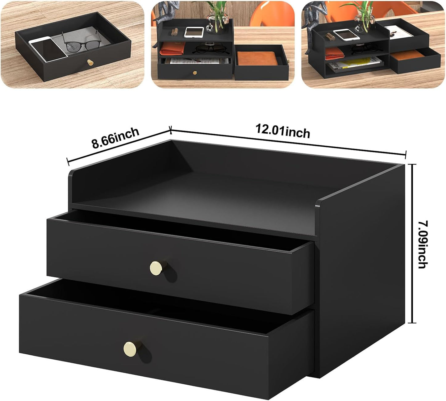 Bamboo Desk Organizer with Drawers Wooden Desktop Storage Organization Box for Bills Office Supplies Kitchen Utensils Organizing Tool for Home Classroom Vanity, No Assembly Required (2 Drawers, Black)