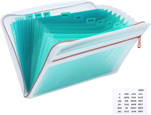 MEGREZ Expanding File Folder with 13 Pockets, A4 Paper File Folder with Zipper Color Labels, Waterproof Accordion File Folder Organizer for Home Office, Green-Clear
