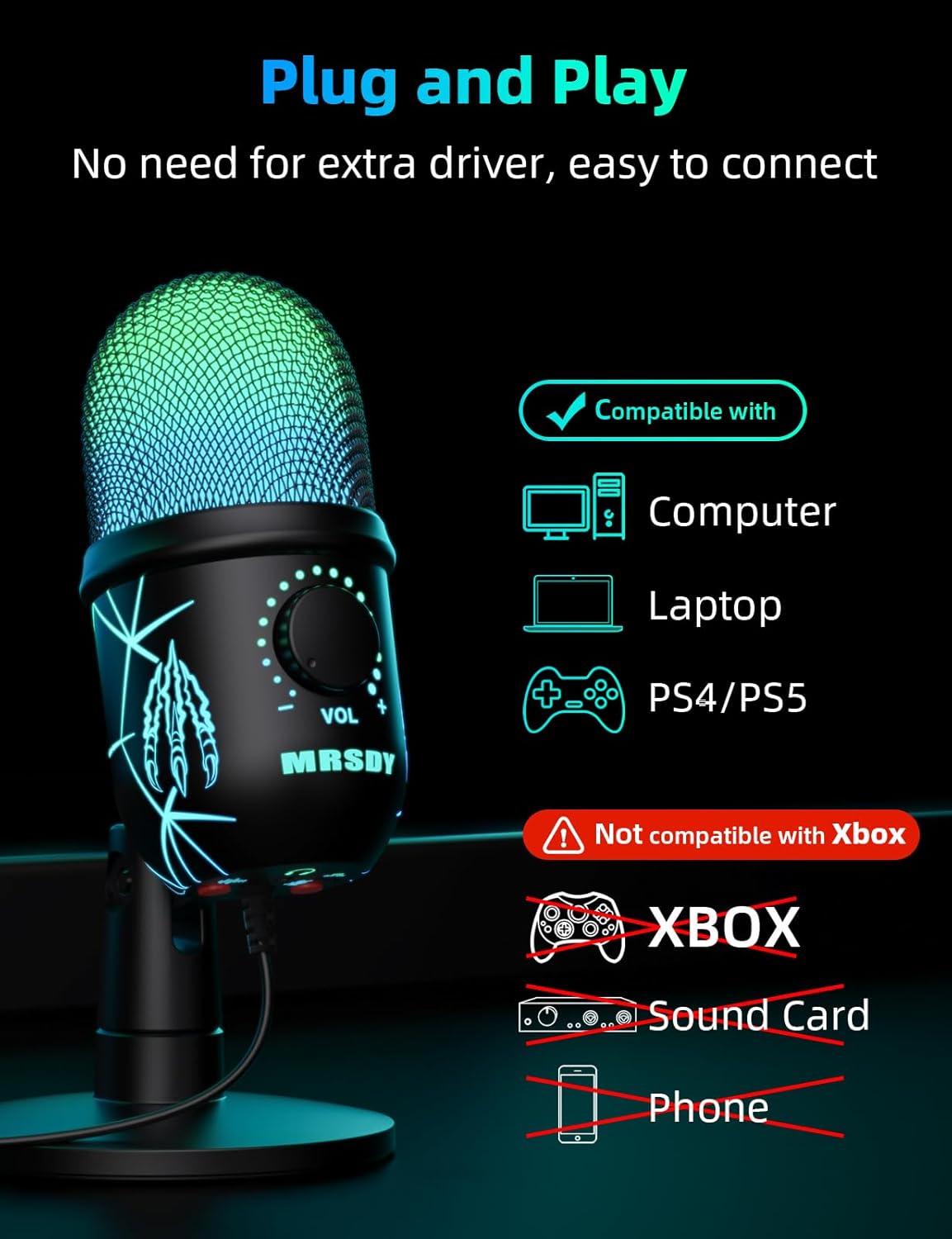 USB Gaming Microphone for PC, Mac, PS4, PS5, Computer Mic with Noise Reduction, Monitor, Mute and RGB, Great for Recording, Streaming, Podcasting