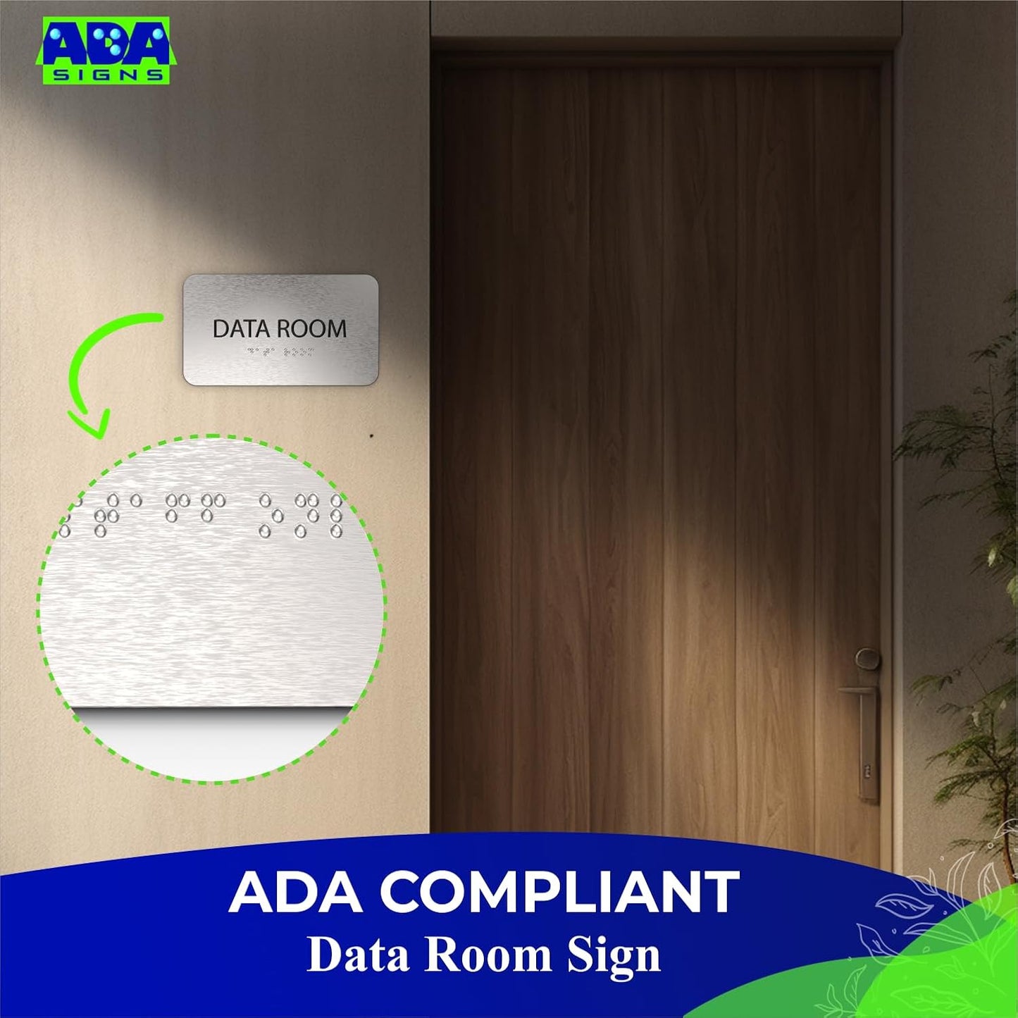 ADASigns Data Room Sign 7" W x 4" H - Durable Brushed Aluminum with Grade 2 Braille - Easy Installation with Strong Double Sided Tape - ADA Compliant Office & Businesses Signs for Wall