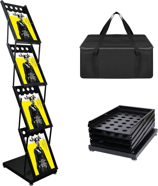 4 Pocket Folding Metal Black Literature Rack with Case Brochure Stand for Trade Show Exhibition Office Retail
