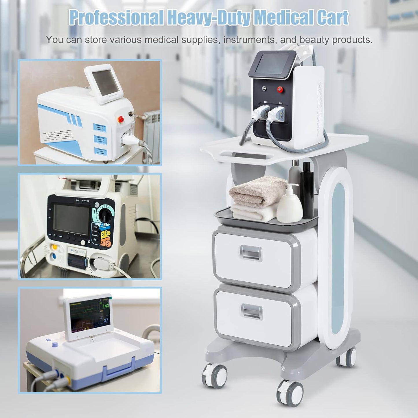 Mobile Medical Trolley Cart 130 Lbs Load Portable Professional for Ultrasound Imaging Scanner Vehicle Beauty Storage Cart with Drawers Tool Tray Wheels for Home Hospital Office Medical Clinic