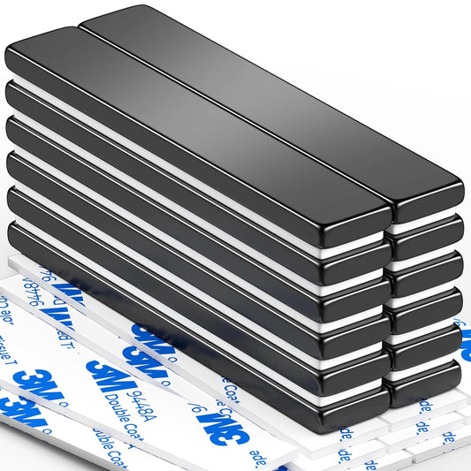 Grtard 12 Pack Neodymium Magnets Bar, Super Strong Rare Earth Magnets Bar, Powerful Magnets Bar with Double-Sided Adhesive for Fridge, Garage, Kitchen, Science, Craft, Office, DIY - 60 x 10 x 3 mm