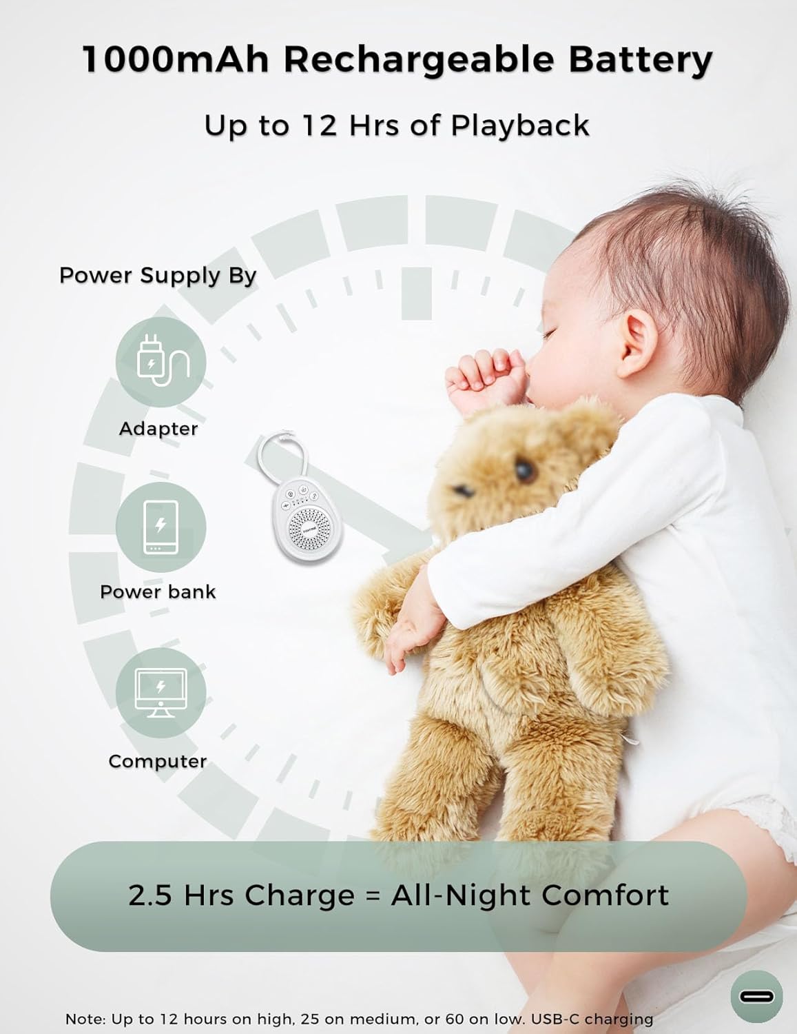 FOXFINE White Noise Machine, Portable Sound Machine with 30 Soothing Sounds, Timer, for Sleeping, Baby, Adults, Home & Travel, White