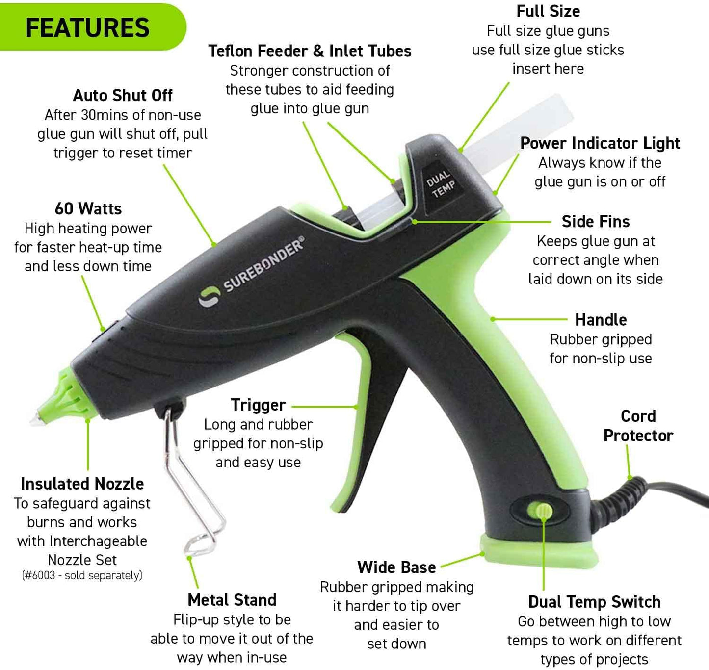 Surebonder Auto Shut Off Hot Glue Gun, Dual Temperature, Full Size, 1.5X Power of Full Size Glue Guns, Easy-Adjust Temp for Multiple Projects (Ultra Series DT-360F)