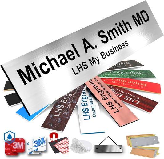 Door Name Plate Personalized for Office Brushed Steel Plastic Name Plate Black Letters - Made in USA 2x12 M1