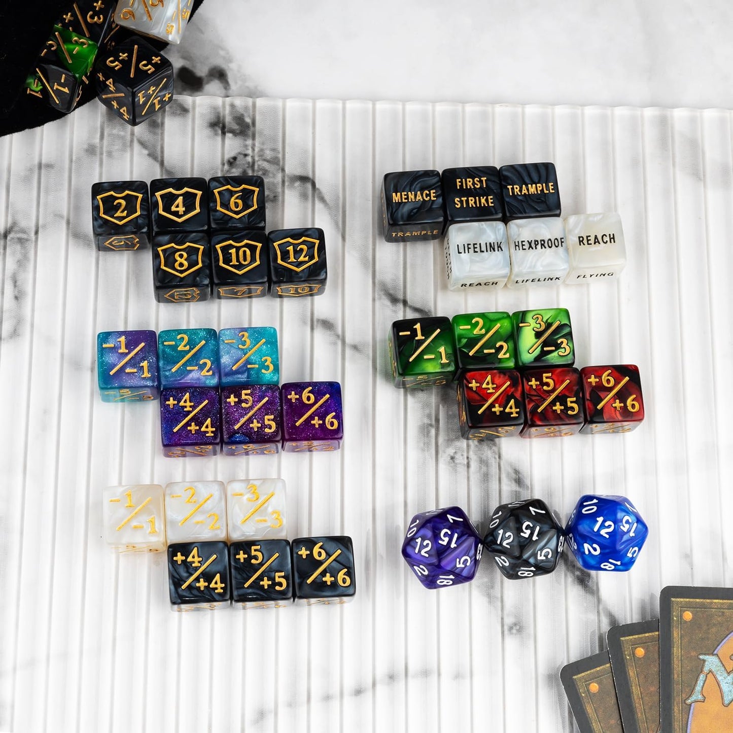 63 Pieces Abilities Keyword Counter Dice Bulk MTG Dice Counters Set Magic Plus 1 Life Buff Tokens for MTG, TCG, Card Gaming Accessories