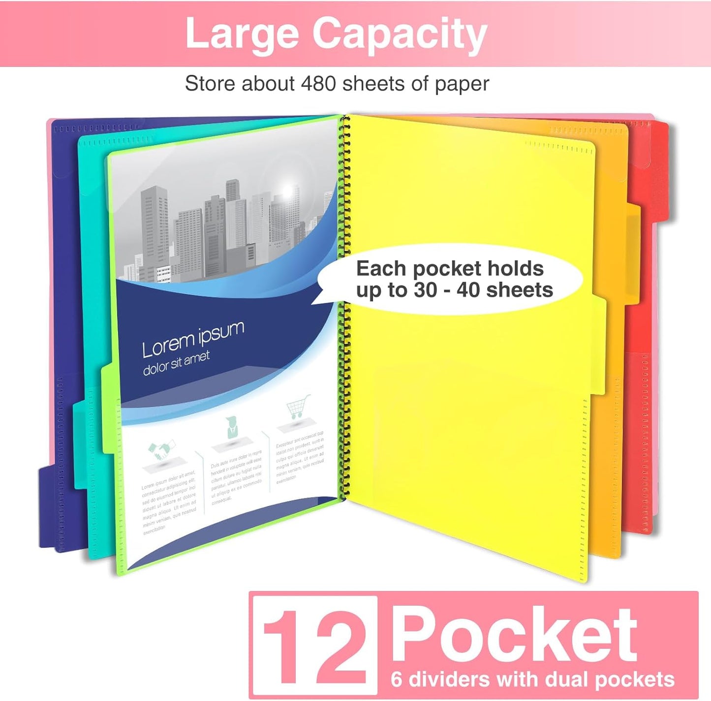 12 Pocket Project Organizer, Forvencer 1/6-cut Tab Binder Organizer with Sticky Labels, Multi Pocket Folder with Zipper Pouch, Folder Binder Spiral Pocket Notebook, Office Supplies, Letter Size, Blush