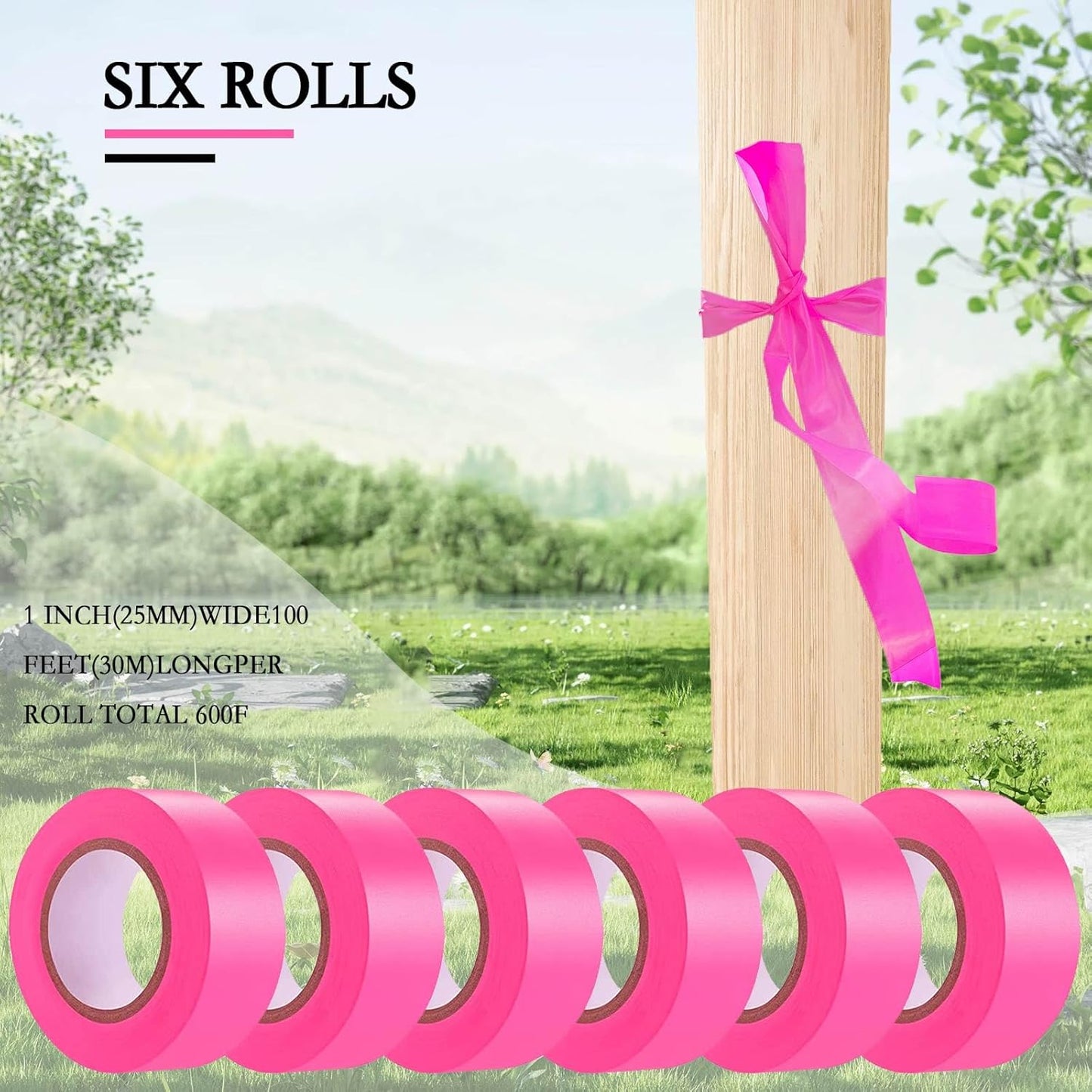 6 Pack Pink Flagging Tape, Non-Adhesive Plastic Ribbon Neon Marking Roll, 1inch*600ft, Marking Tape for Tree Marking, Hunting, Boundaries and Hazardous Areas,Trail Marking
