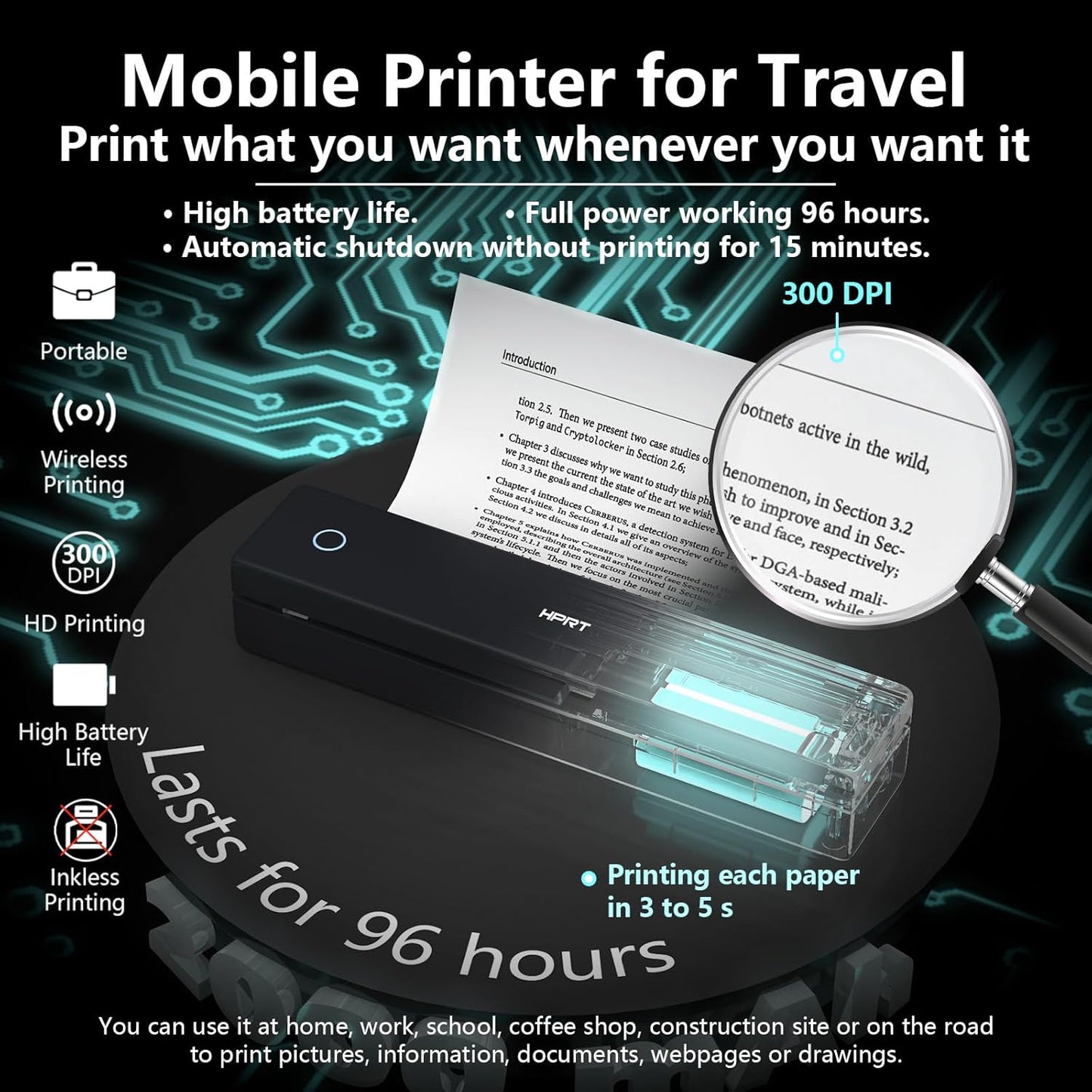 Portable Printer Wireless for Travel, Small Bluetooth Thermal Inkless Printer Support 8.5×11" US Letter Thermal Paper, Mobile Printing for Office, Car, Home, Compatible with iOS, Andorid & Laptop